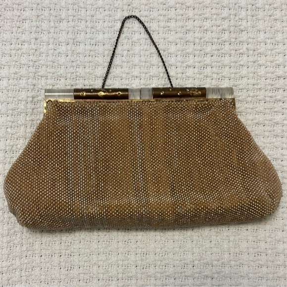 Vintage Handbags - Vintage Hand Beaded Clutch by Josef satin interior lucite & metal opening